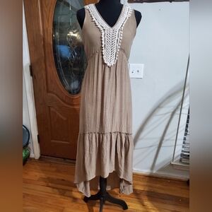 NY Collection Boho Maxi Dress Beige Crochet Lace V Neck Sleeveless High Low Hem